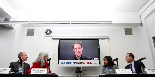 September 14, 2016: Edward Snowden speaks via video link during a news conference in New York City.