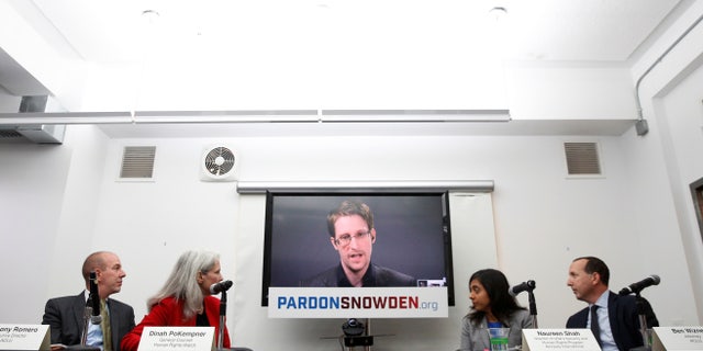 September 14, 2016: Edward Snowden speaks via video link during a news conference in New York City.