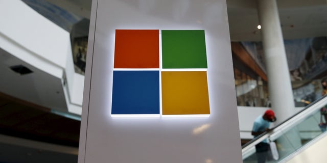 A Microsoft logo is seen at a pop-up site for the new Windows 10 operating system at Roosevelt Field in Garden City, New York July 29, 2015.