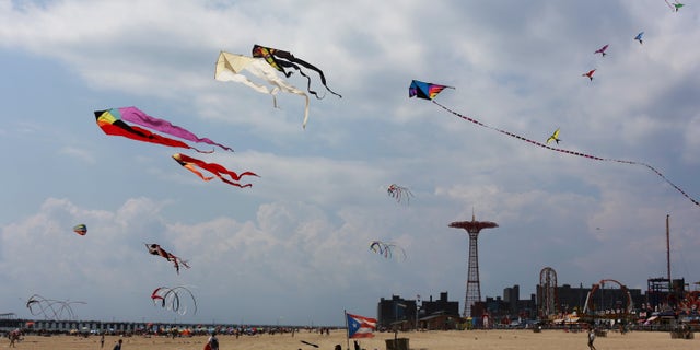 Kites fly in the sky as people sit and walk on the beach at Coney Island in the Brooklyn borough of New York, August 19, 2015. REUTERS/Shannon Stapleton - RTX1OUN4