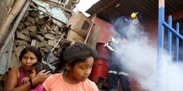 A health worker fumigates a house as residents wait outside during a campaign against the Zika virus and other mosquito-borne diseases at Carabayllo district on the outskirts of Lima, Peru February 1, 2016. REUTERS/Mariana Bazo - RTX24YRB