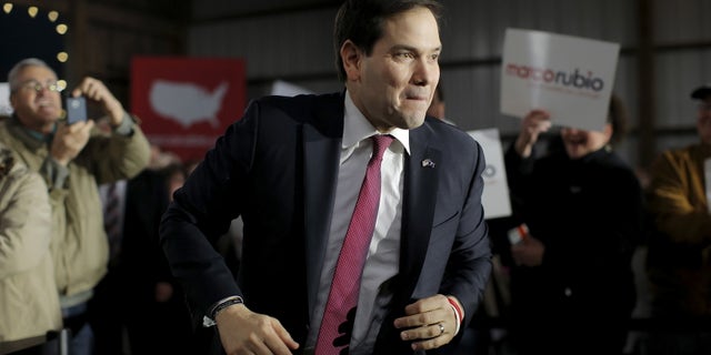 U.S. Republican presidential candidate Marco Rubio runs toward the stage as he is introduced during a campaign town hall at Harmon's Tree Farm in Gilbert, South Carolina February 15, 2016. REUTERS/Chris Keane - RTX2734O