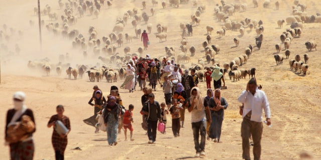 Displaced people from the minority Yazidi sect, fleeing violence from forces loyal to the Islamic State in Sinjar town, walk towards the Syrian border, on the outskirts of Sinjar mountain, near the Syrian border town of Elierbeh of Al-Hasakah Governorate August 10, 2014. REUTERS/Rodi Said/File Photo - RTX2GIYQ