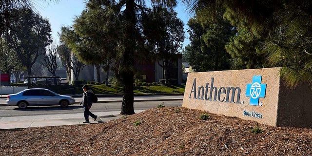 A sign at the office building of health insurer Anthem is seen in Los Angeles, California.
