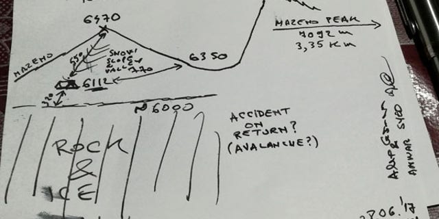 A drawing of details of the disaster and terrain made by the photographer at the Base Camp at Nanga Parbat, Pakistan June 28, 2017.