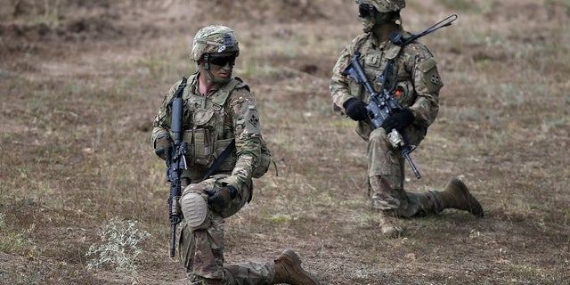 U.S. army soldiers take part in "Peace Sentinel 2017," a joint military drill together with Serbian and Bulgarian soldiers, at Koren military training ground, Bulgaria, July 15, 2017.