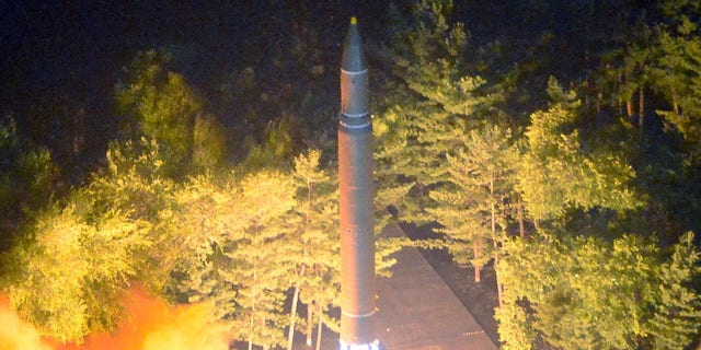 Intercontinental ballistic missile (ICBM) Hwasong-14 is pictured during its second test-fire in this undated picture provided by KCNA in Pyongyang on July 29.