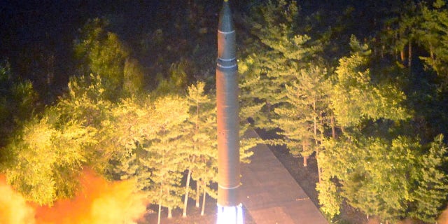 Intercontinental ballistic missile (ICBM) Hwasong-14 is pictured during its second test-fire in this undated picture provided by KCNA in Pyongyang on July 29.