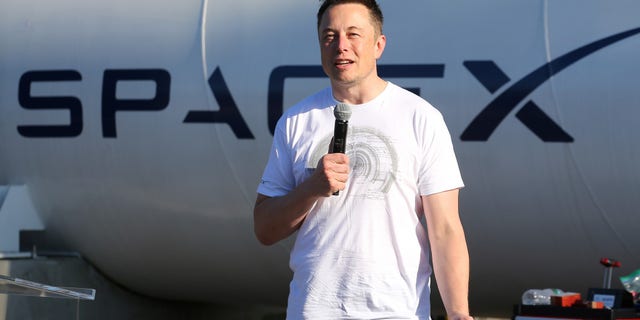 FILE -- Elon Musk, founder, CEO and lead designer at SpaceX and co-founder of Tesla, speaks at the SpaceX Hyperloop Pod Competition II in Hawthorne, California, August 27, 2017.