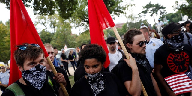 Antifa supporters participate in a protest on the National Mall in Washington, D.C.