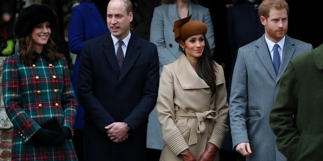 Kate, Duchess of Cambridge, Prince William, Duke of Cambridge, Meghan Markle and Prince Harry leave St Mary Magdalene's church after the Royal Family's Christmas Day service.