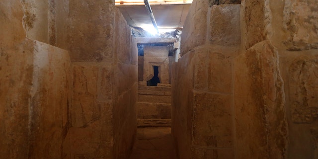 The discovery of an Old Kingdom tomb from Egypt’s antiquities authorities is seen at the Giza plateau, the site of the three ancient pyramids on the outskirts of Cairo, Egyp