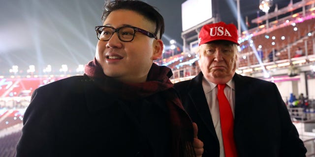 The "Kim" lookalike and a President Trump impersonator were first seen at the Winter Olympics opening ceremony.