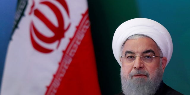 In this February 2018 photo, Iranian President Hassan Rouhani attends a meeting with Muslim leaders in Hyderabad, India. In a televised speech Wednesday, President Rouhani declared Iran would seek weapons for self-defense but poses no threat to its neighbors.