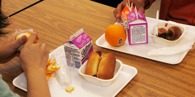 Students have a nutrition break mid-morning consisting of milk, juice, an orange and either mini sausage roll or Vegetarian Italian bagel at Belmont High School in Los Angeles, California May 18, 2009. Los Angeles Unified School District is an anti-junk-food pioneer, but the obstacles it faces show how difficult it is to change habits shaped by decades of unhealthy eating promoted by the mammoth fast-food industry. Picture taken May 18, 2009. To match feature HEALTHCARE-LUNCHES/ REUTERS/Fred Prouser (UNITED STATES EDUCATION HEALTH) - RTXOC0S