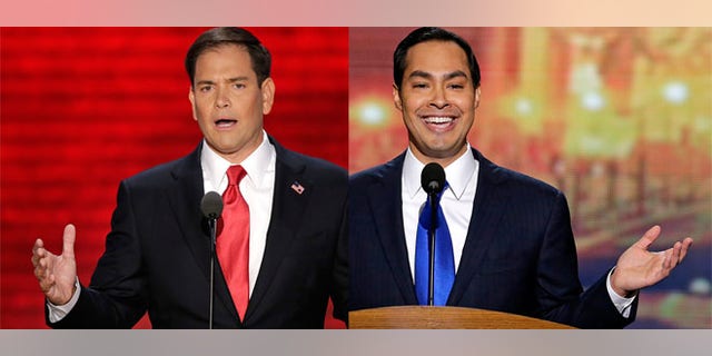 Sen. Marco Rubio (R-Fl) addresses the Republican National Convention (left) in Tampa, Fl and San Antonio Mayor Julian Castro addresses the Democratic National Convention in Charlotte, NC.