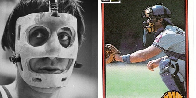 NBA all star Rudy Tomjanovich, (l.), wore a facemask after a devastating injury from a punch during a 1977 game, and Steve Yeager, a former catcher for the Los Angeles Dodgers, had a customized throat protecter made for him after a broken bat pierced his neck in a 1976 game. (AP, Donruss)