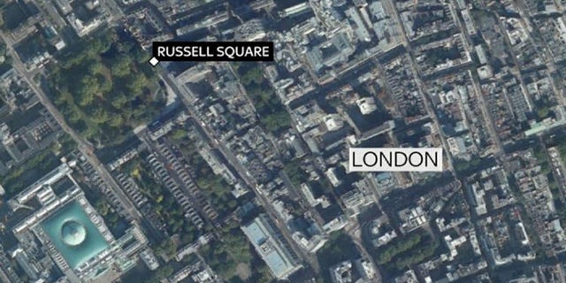 Russell Square is located near the British Museum (bottom left) in central London