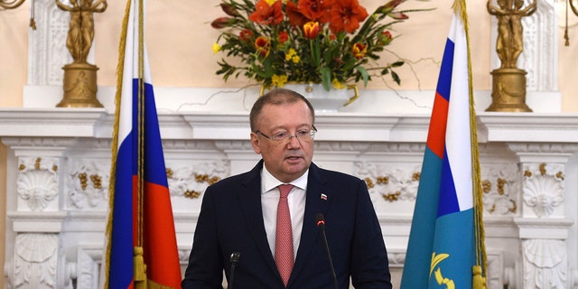 Russian ambassador Alexander Vladimirovich Yakovenko speaking at a news conference Thursday March 22, 2018, at his country's embassy in London.