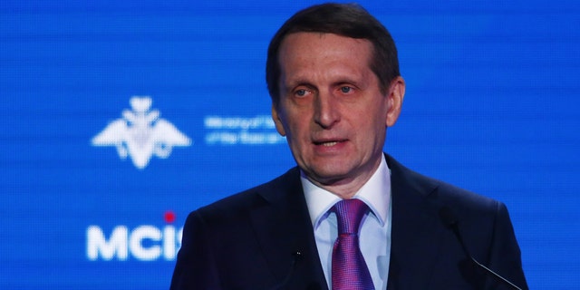 Sergey Naryshkin, the head of Russia’s foreign intelligence agency, delivers a speech during the annual Moscow Conference on International Security in Moscow, Russia April 4, 2018.