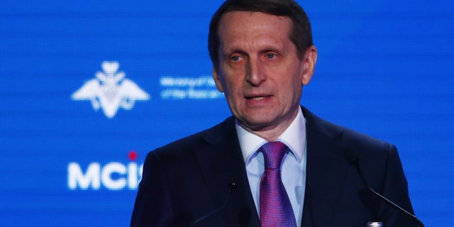 Sergey Naryshkin, the head of Russia’s foreign intelligence agency, delivers a speech during the annual Moscow Conference on International Security in Moscow, Russia April 4, 2018.