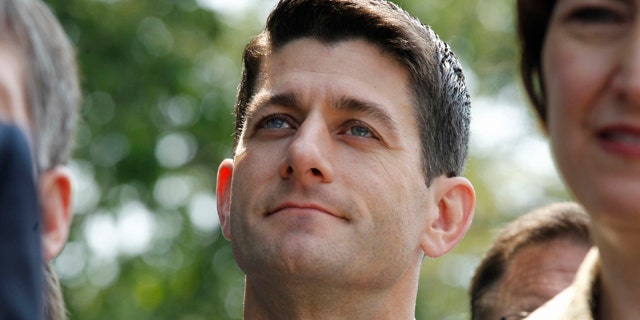 June 1: House Budget Committee chairman Rep. Paul Ryan, R-Wis. listens outside the White House in Washington.