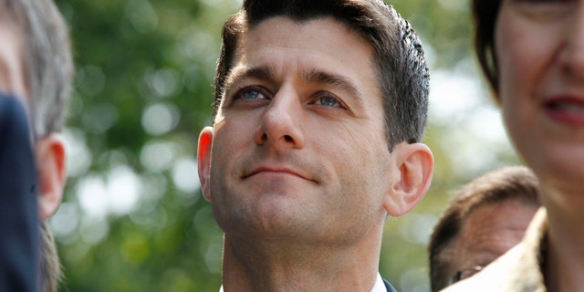 June 1: House Budget Committee chairman Rep. Paul Ryan, R-Wis. listens outside the White House in Washington.