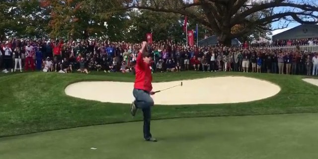 Sept. 29, 2016: David Johnson reacts after making a putt on the 6th hole during a practice round ahead of the Ryder Cup matches at Hazeltine National Golf Club in Chaska, Minn.