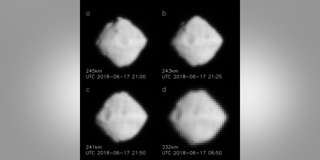 Images of Ryugu taken with the ONC-T. These photographs were taken on June 17, 2018 at around 15:00 and June 18 at around 06:00 JST. (ONC team: JAXA, University of Tokyo, Koichi University, Rikkyo University, Nagoya University, Chiba Institute of Technology, Meiji University, University of Aizu and AIST)