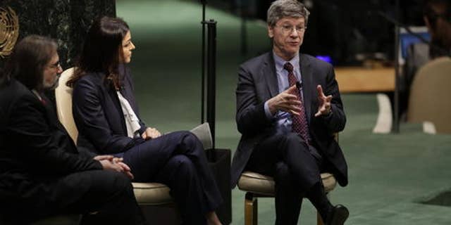 Columbia University professor Jeffrey Sachs, right, addresses the United Nations High-level Thematic Debate on Achieving the Sustainable Development Goals, April 21, 2016, at U.N. headquarters. (AP Photo/Mark Lennihan)