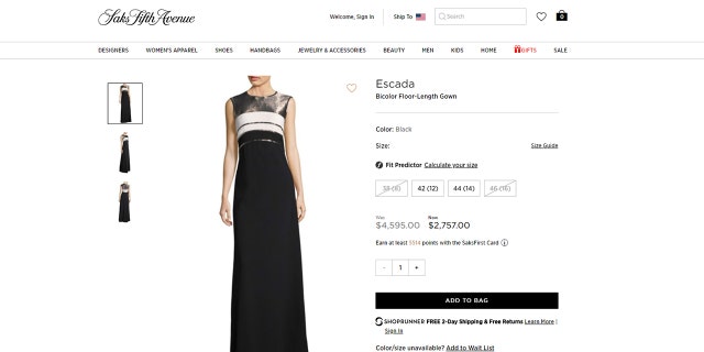 The Escada gown Melania Trump wore to Sunday's Ford's Theater gala is selling for over $2,700 at Saks Fifth Avenue.