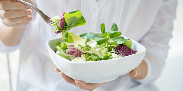 Close up shot of a woman holding a plate of fresh green salad in the beautiful morning light.