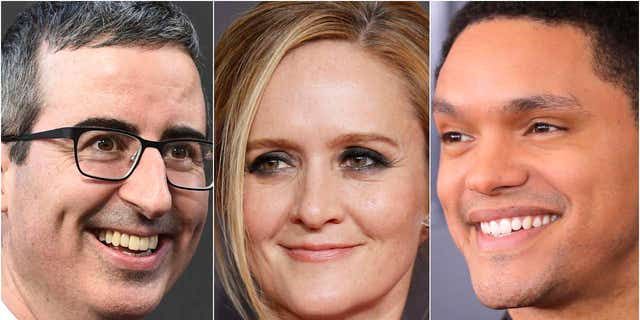 Late-night hosts John Oliver, left, Samantha Bee and Trevor Noah bring outsiders' perspectives to the United States.