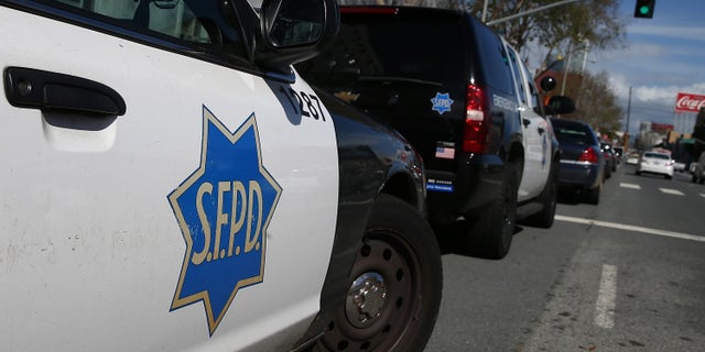 San Francisco police cars in front of the Hall of Justice on February 27, 2014.