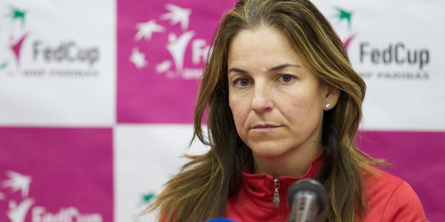 Spanish team captain Arantxa Sanchez Vicario listens to a question during the team's news conference in Moscow, Russia, Wednesday, Feb. 1, 2012.