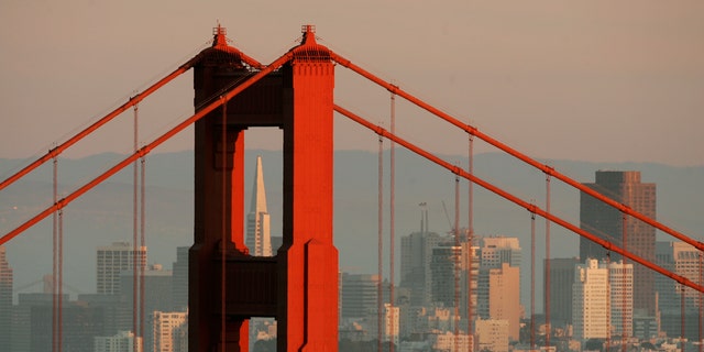 The skyline of San Francisco, California, showing the Transamerica Building framed by the north tower of the Golden Gate Bridge at sunset Feb. 27, 2008. 