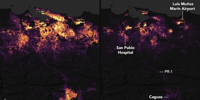 These nighttime satellite images show Puerto Rico's largest city, San Juan, before and after Hurricane Maria made landfall on Sept. 20. The images capture areas where residents have lost power; emergency responders can use the pictures.