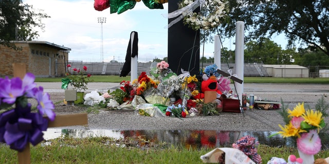 A makeshift memorial left in memory of the victims killed in a shooting at Santa Fe High School, is pictured in downtown Santa Fe, Texas, May 24, 2018.