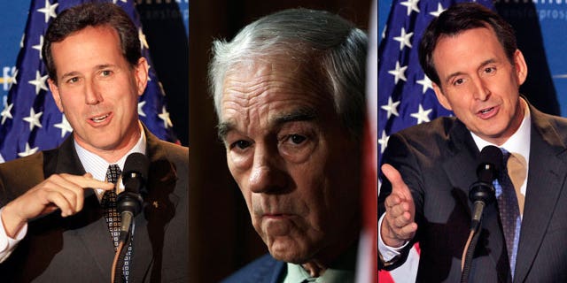 Rick Santorum, Ron Paul and Tim Pawlenty are among the GOP presidential hopefuls participating in the first debate. (AP)