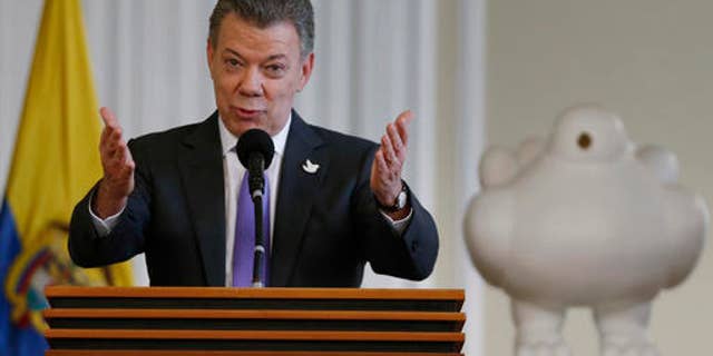 Colombia's President Juan Manuel Santos at the presidential palace in Bogota, Colombia, Friday, Oct. 7, 2016.
