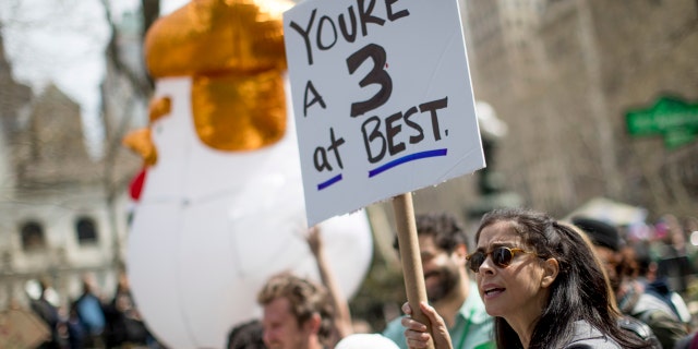 Sarah Silverman participates in a march and rally to demand President Donald Trump release his tax returns, Saturday, April 15, 2017, in New York.