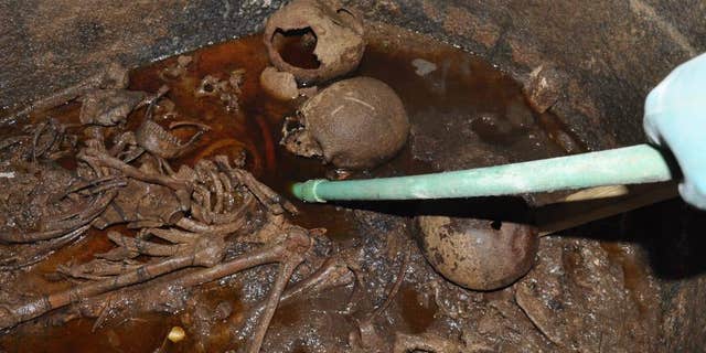 Three skeletons and water sewage were found in the sarcophagus (Egyptian Ministry of Antiquities)