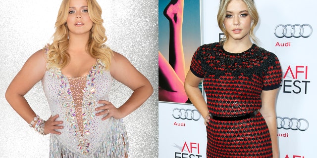 Actress Sasha Pieterse in a promotional shot for "Dancing With The Stars" revealed she gained 70 pounds in two years due to a hormone condition. She poses on the red carpet in 2014 on the right.