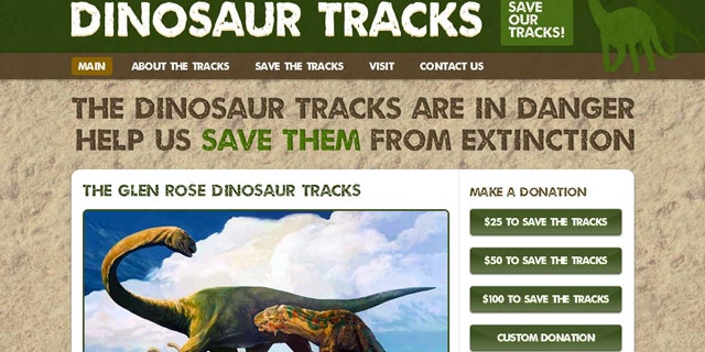 A screenshot of the website for the Glen Rose Dinosaur tracks offers information on the find and how visitors can help protect the ancient footsteps.