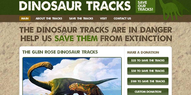 A screenshot of the website for the Glen Rose Dinosaur tracks offers information on the find and how visitors can help protect the ancient footsteps.