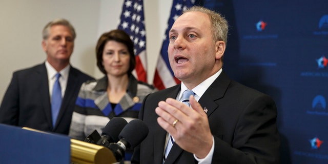 Nov. 18, 2014: House Majority Whip Steve Scalise of La., right, with House Majority Leader Kevin McCarthy of Calif., left, and Rep. Cathy McMorris Rodgers, R-Wash., speaks to reporters on Capitol Hill in Washington.