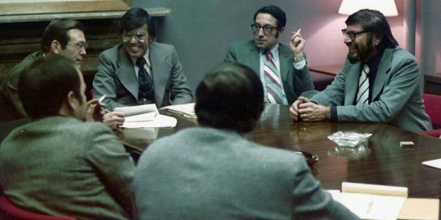 Fernando De Baca, center, is shown meeting with Ford's Chief of Staff Donald Rumsfeld and civil rights leaders.