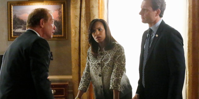 This image released by ABC shows actors, from left, Jeff Perry, Kerry Washington and Tony Goldwyn in a scene from "Scandal." The series airs Thursdays at 10 p.m. EST on ABC.