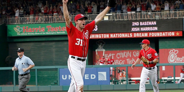 June 20, 2015: Washington Nationals starting pitcher Max Scherzer celebrates after his no-hitter baseball game against the Pittsburgh Pirates at Nationals Park in Washington. (AP)