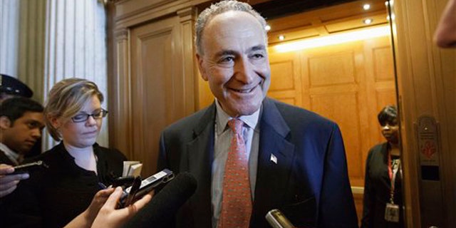 FILE: Feb. 17, 2012: Sen. Chuck Schumer speaks to reporters on Capitol Hill in Washington.